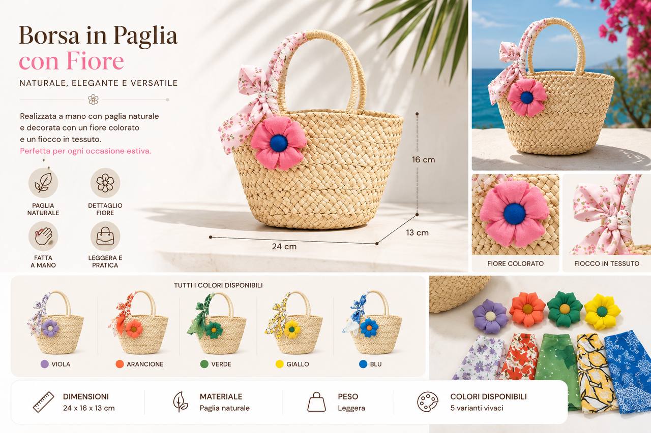 Borsa Capri – La Borsa in Paglia con Fiore e Fiocco che fa subito Estate! ☀️🌸 Prezzo Speciale Lancio: € 29,00 (Invece di ~~€ 49,00~~)